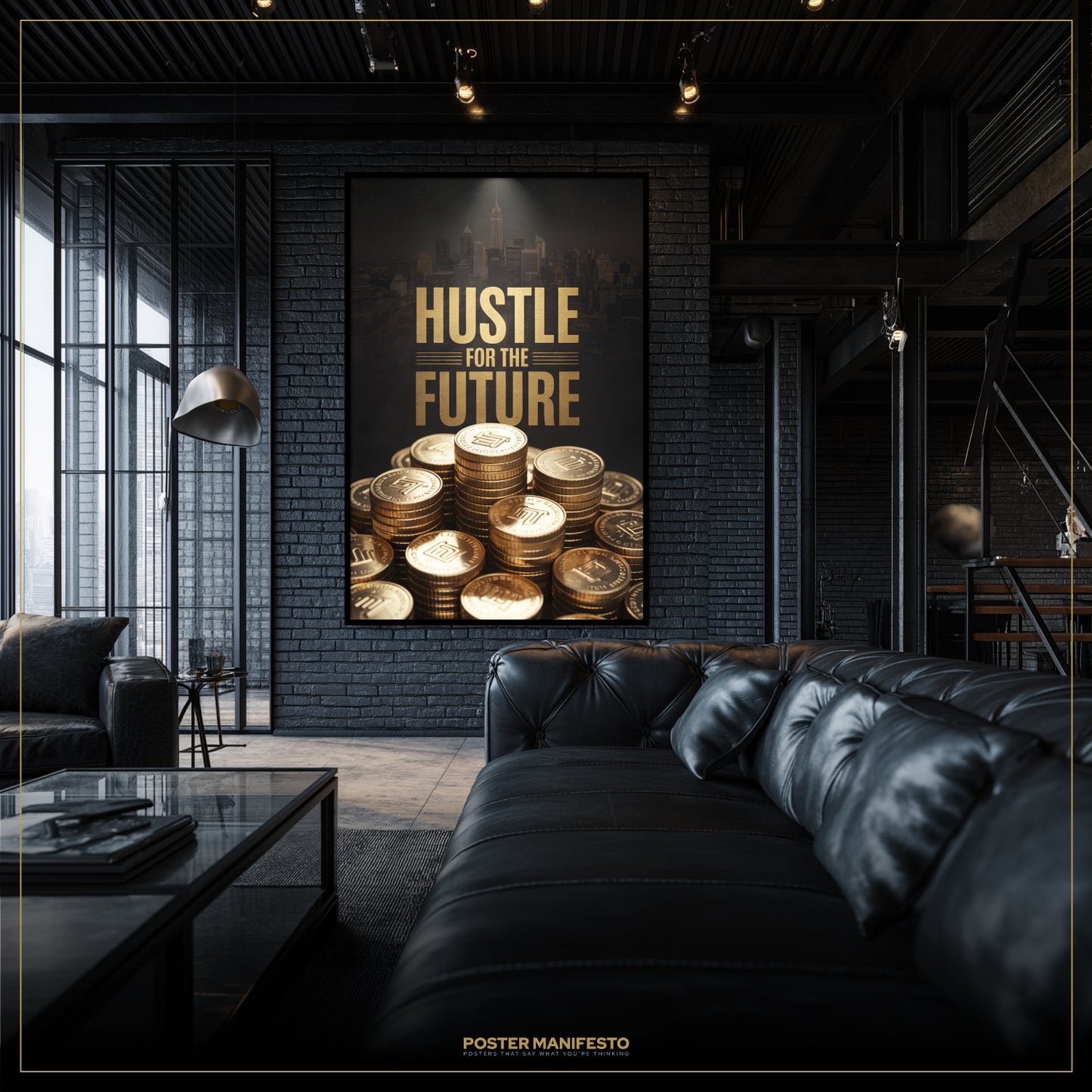 Modern living room with a motivational poster on the wall