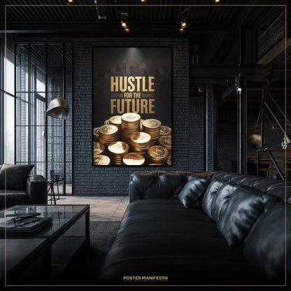 Modern living room with a motivational poster on the wall