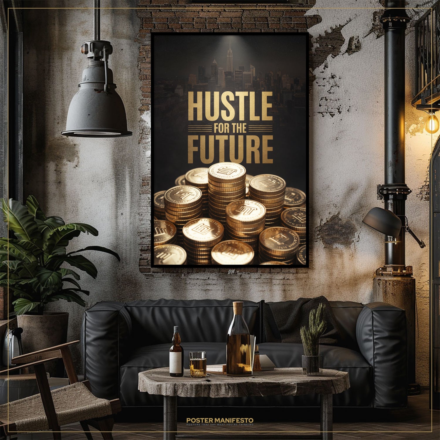 Living room with 'Hustle for the Future' poster on the wall, black sofa, and wooden table.