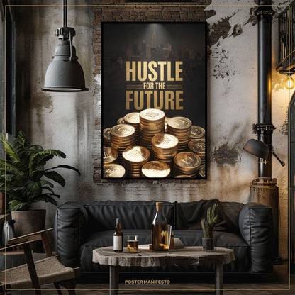 Living room with 'Hustle for the Future' poster on the wall, black sofa, and wooden table.