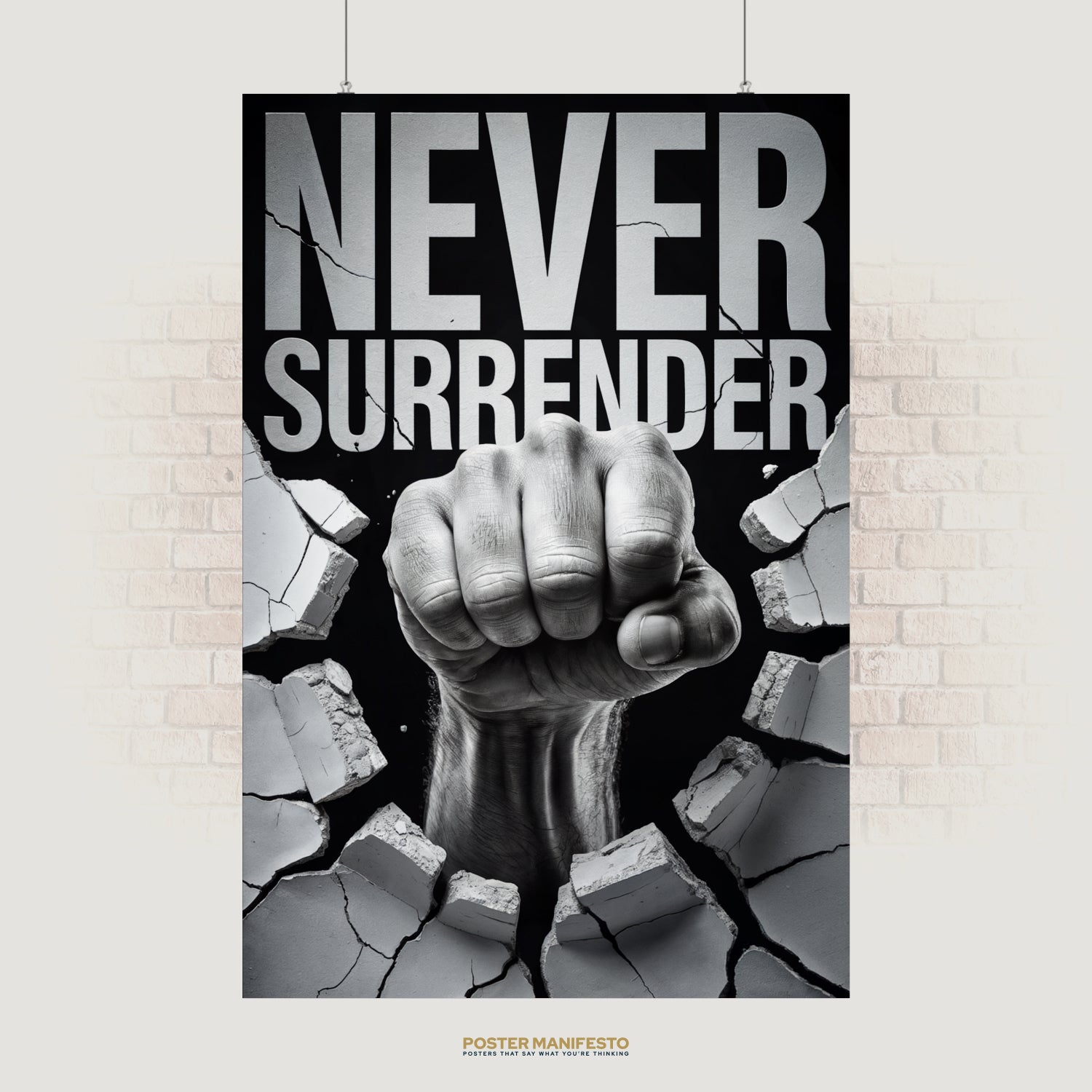 Motivational poster with bold text “Never Surrender” and fist smashing concrete wall.