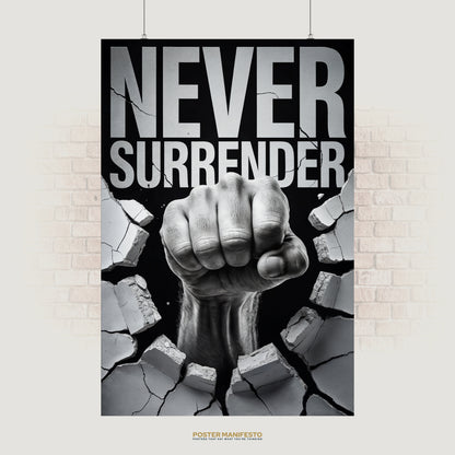Motivational poster with bold text “Never Surrender” and fist smashing concrete wall.