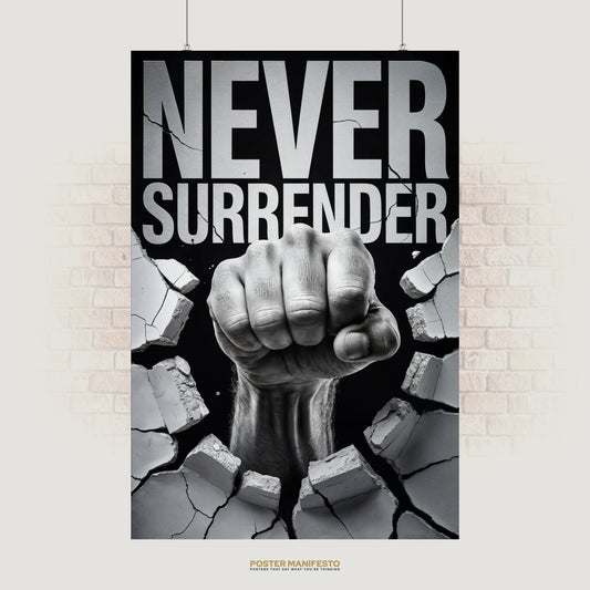 Motivational poster with bold text “Never Surrender” and fist smashing concrete wall.