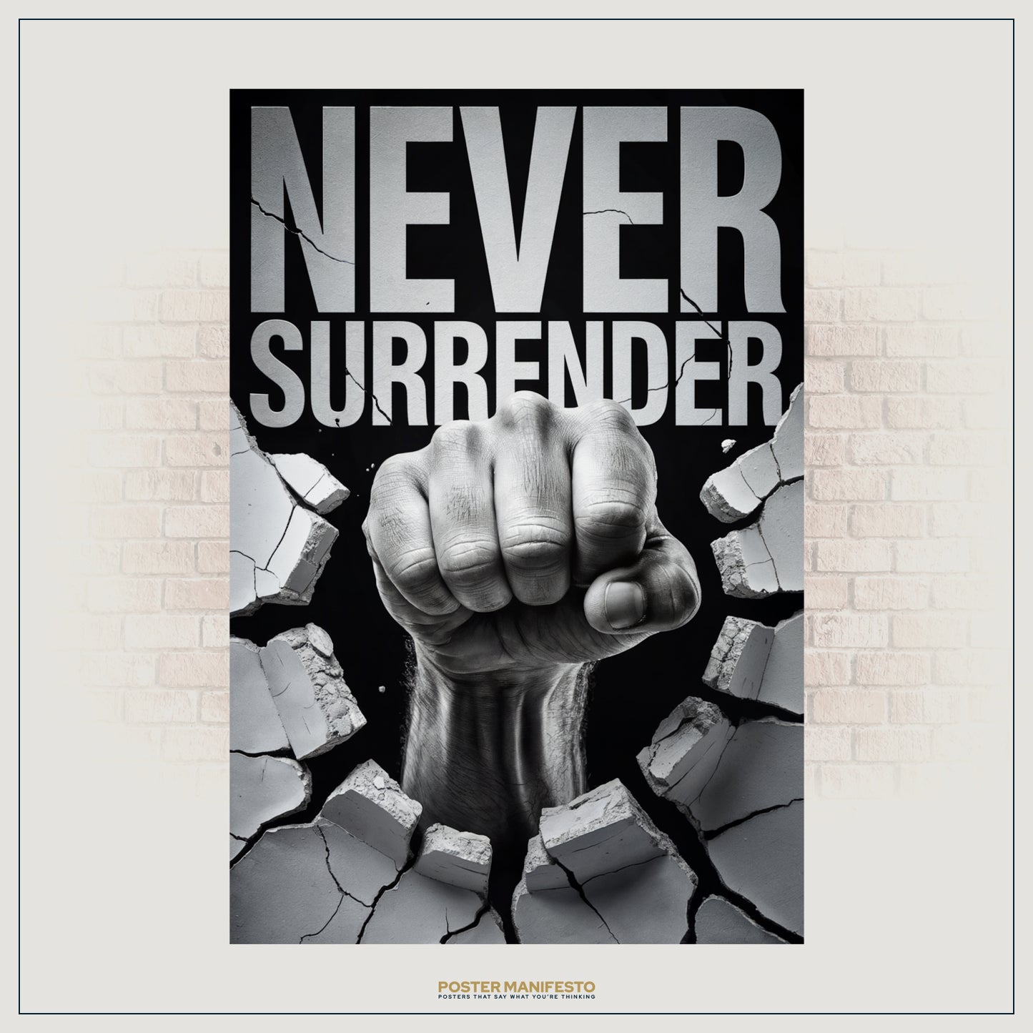Black and white wall art featuring a powerful fist breaking through rubble.