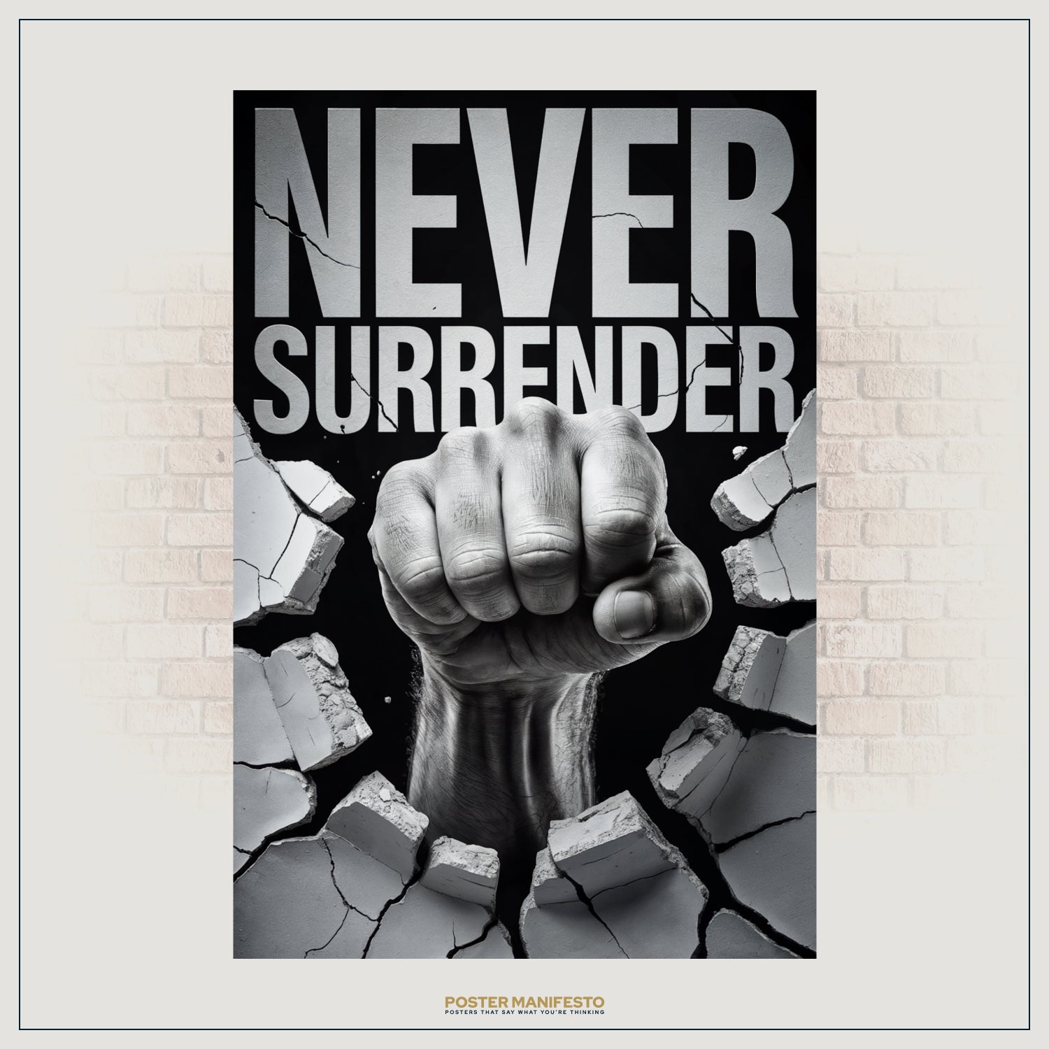 Black and white wall art featuring a powerful fist breaking through rubble.