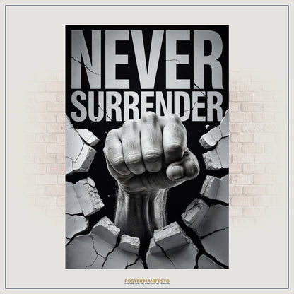 Black and white wall art featuring a powerful fist breaking through rubble.