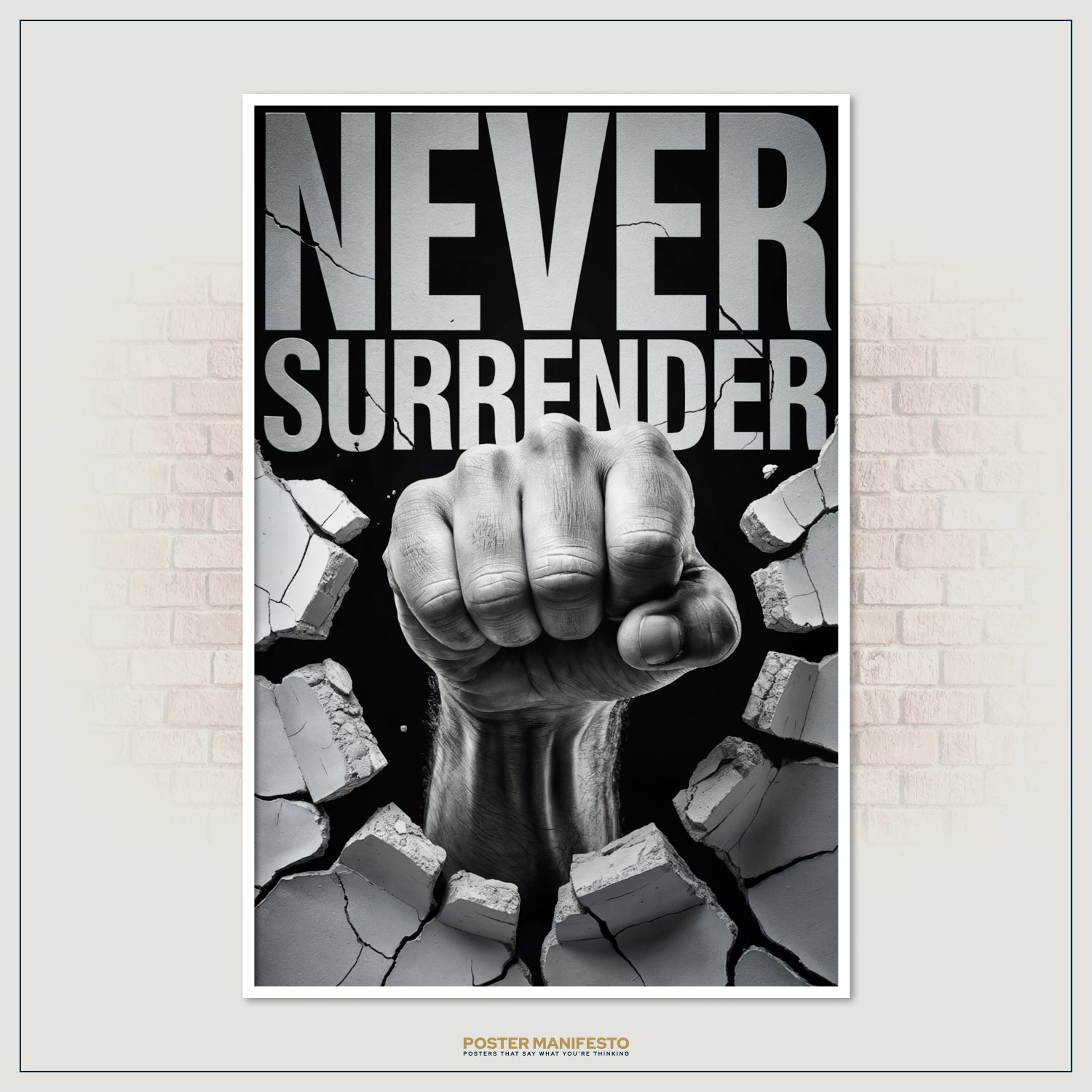 Gym motivation artwork with a dramatic fist punch and text “Never Surrender.”