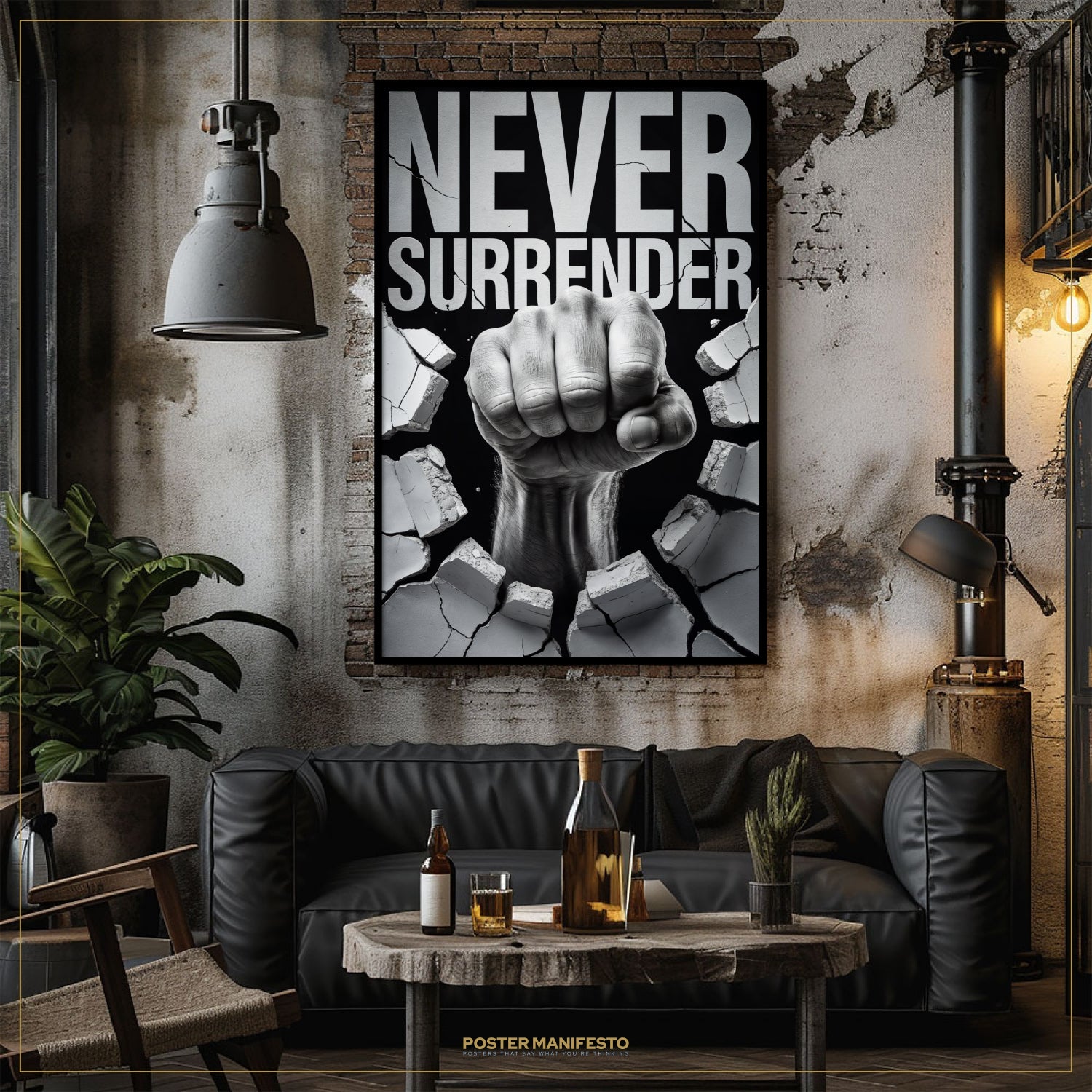 Living room with 'Never Surrender' poster above a couch