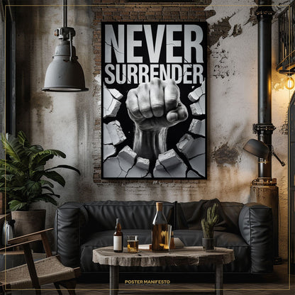 Living room with 'Never Surrender' poster above a couch
