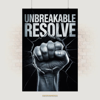Motivational poster with bold text “Unbreakable Resolve” and fist breaking glass.