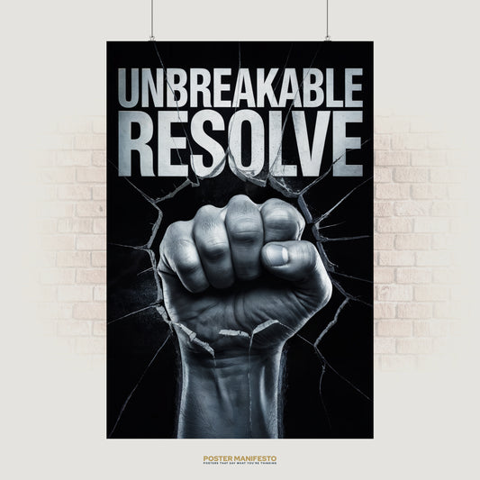 Motivational poster with bold text “Unbreakable Resolve” and fist breaking glass.