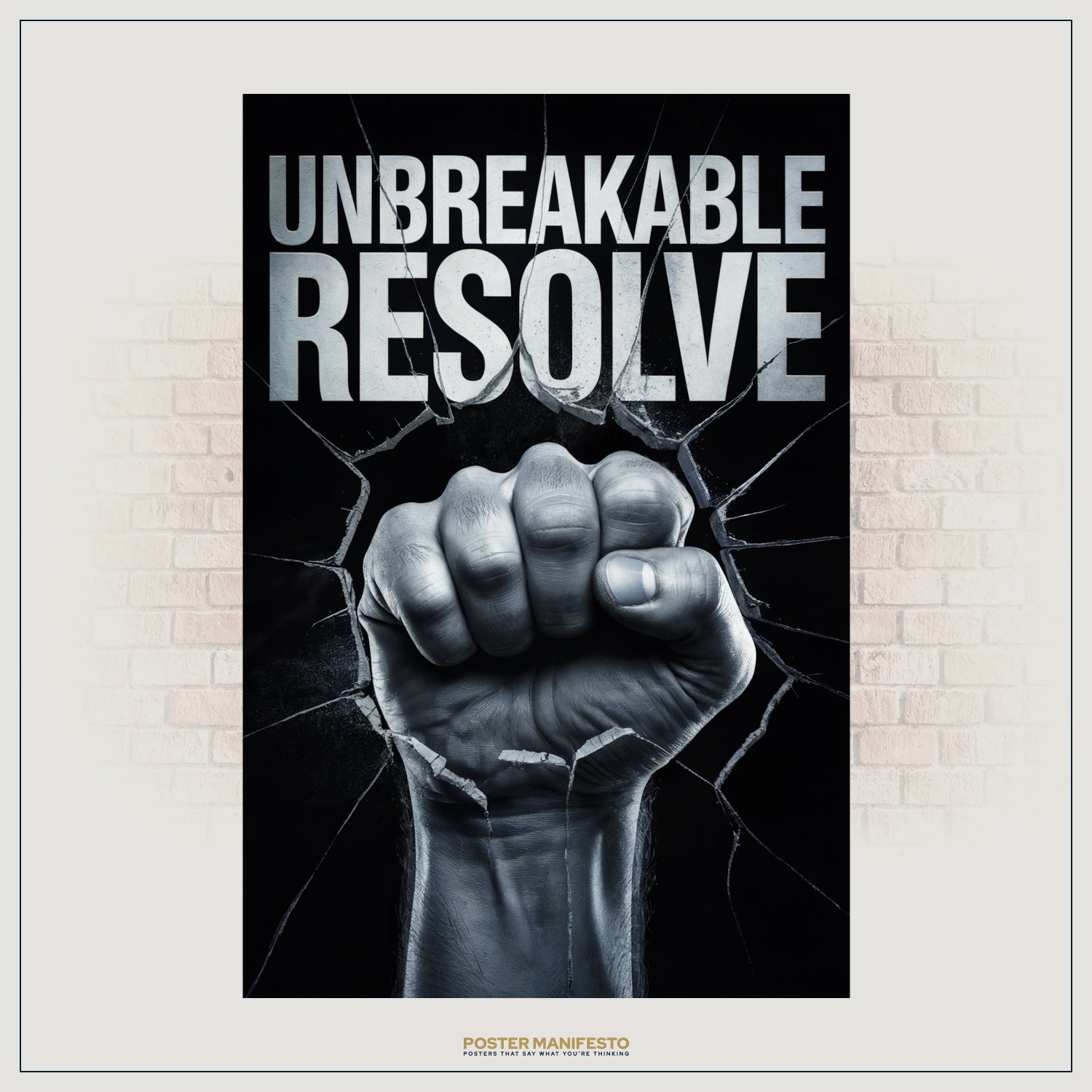 Black and white artwork featuring clenched fist shattering through cracks.