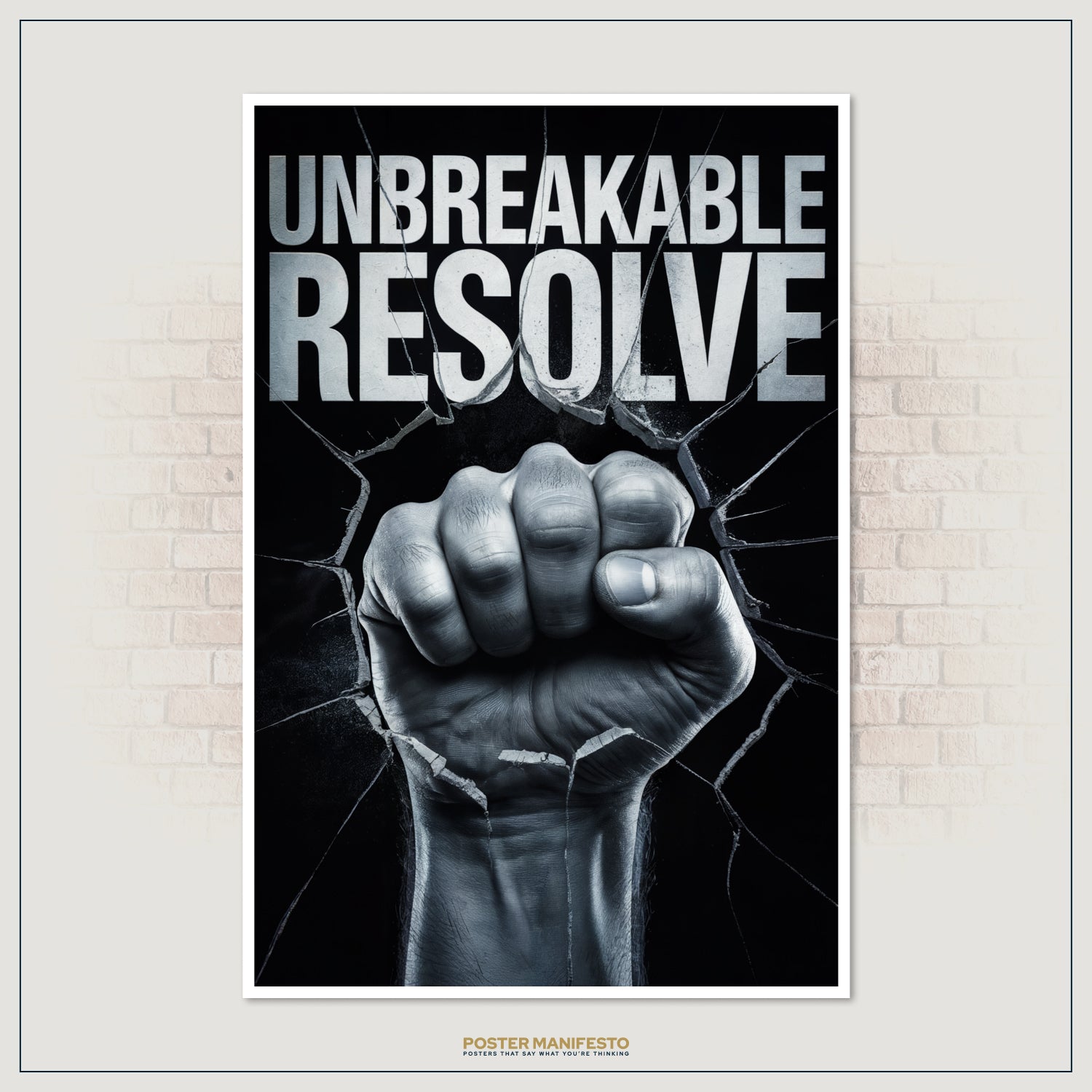 Inspirational poster with fist punch breaking glass and bold typography.