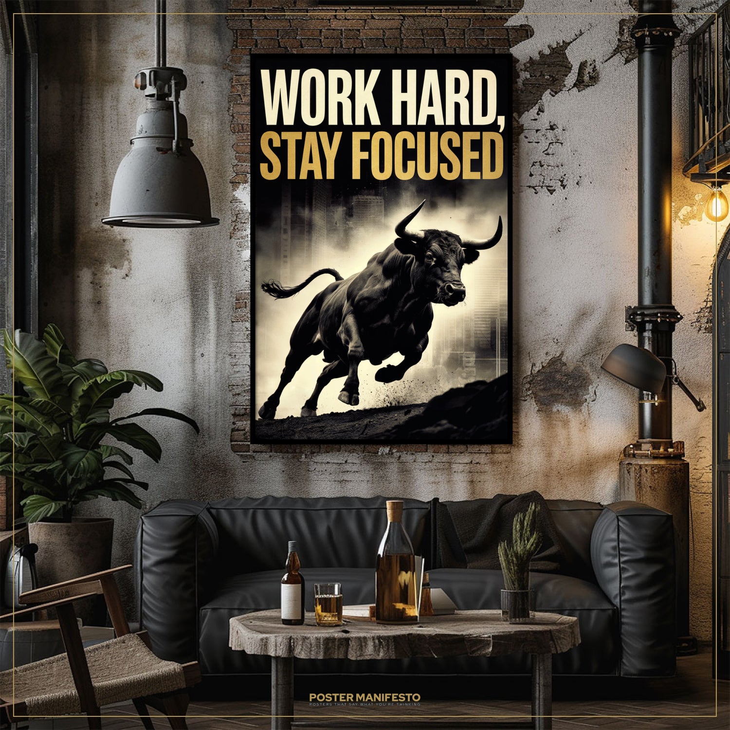 Living room with a bull poster and motivational quote on the wall