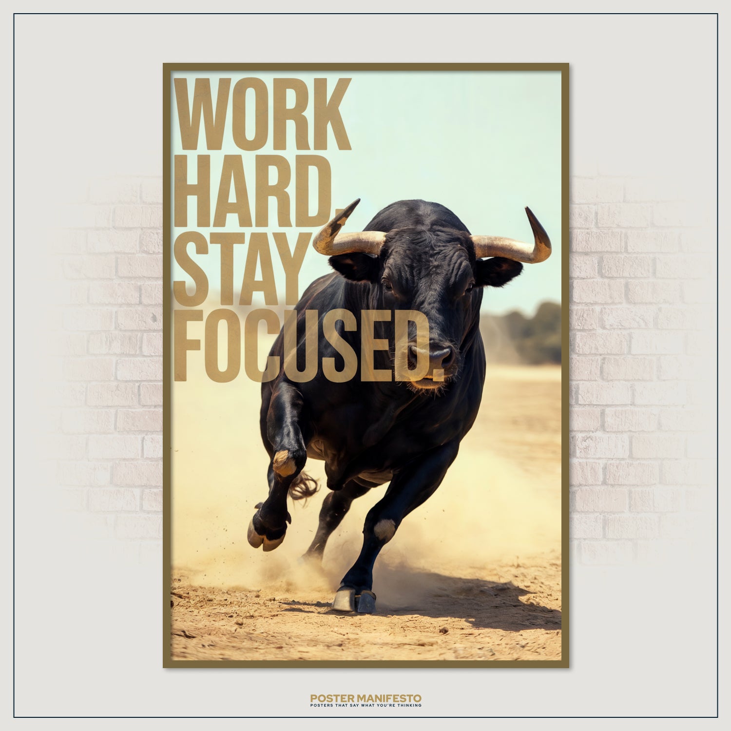 Motivational decor for office or gym with bold charging bull.