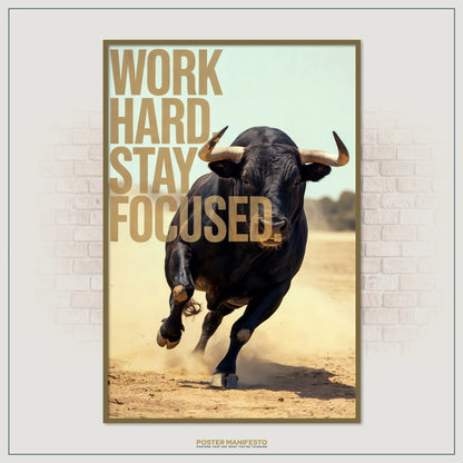 Motivational decor for office or gym with bold charging bull.