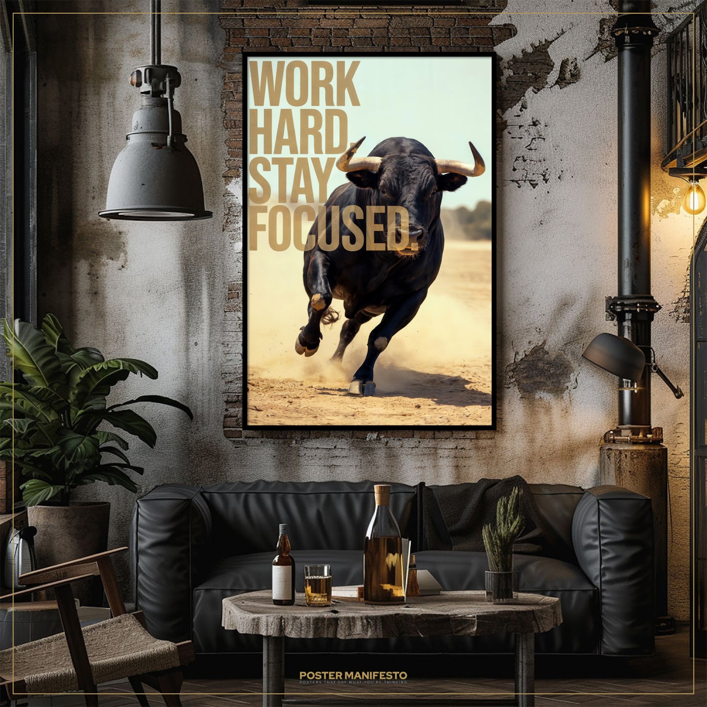 Living room with a bull poster and motivational quote, featuring a couch and coffee table.