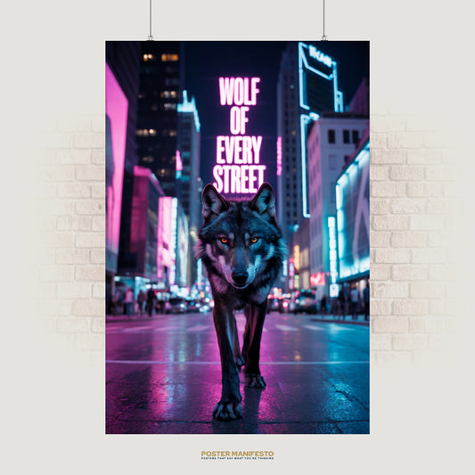 Motivational poster with a wolf walking through neon-lit city streets.