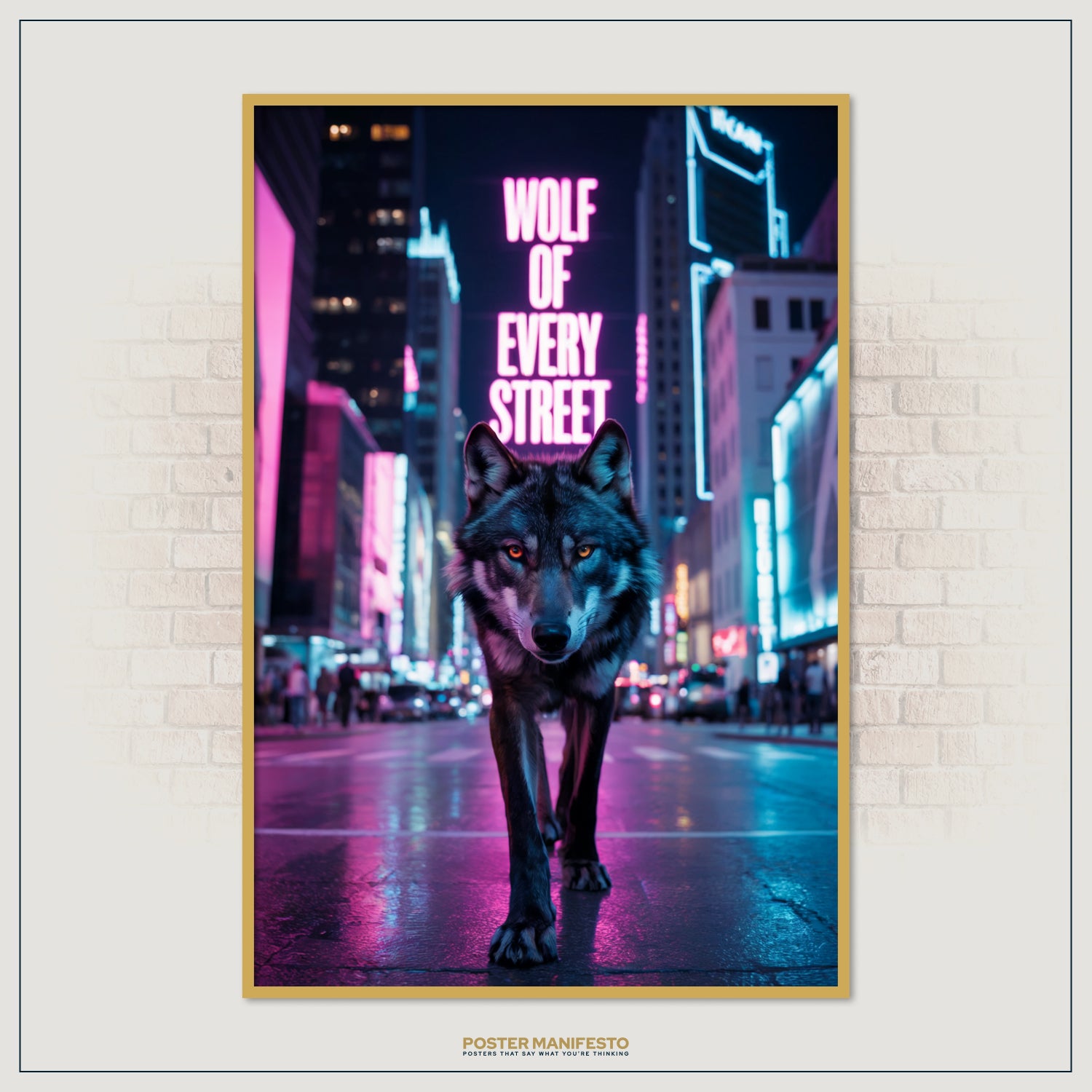 Fierce wolf in modern city nightlife symbolizing ambition.