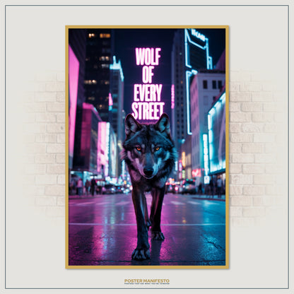 Fierce wolf in modern city nightlife symbolizing ambition.