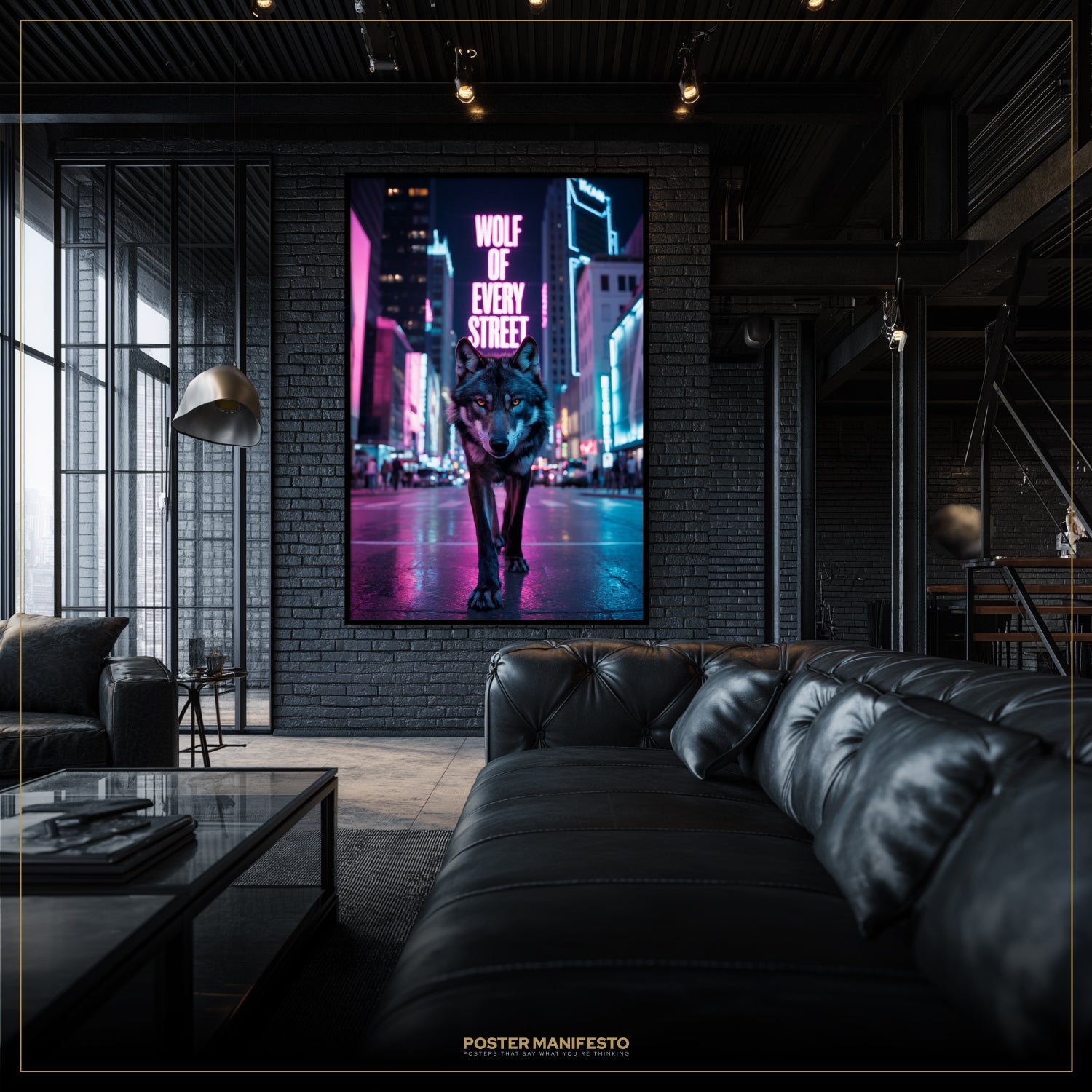 Modern living room with a large framed poster of a wolf on a city street, featuring the text 'Wolf of Every Street'.