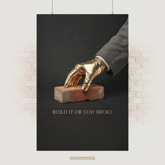 Motivational poster with golden glove placing a brick and text Build It or Stay Broke.
