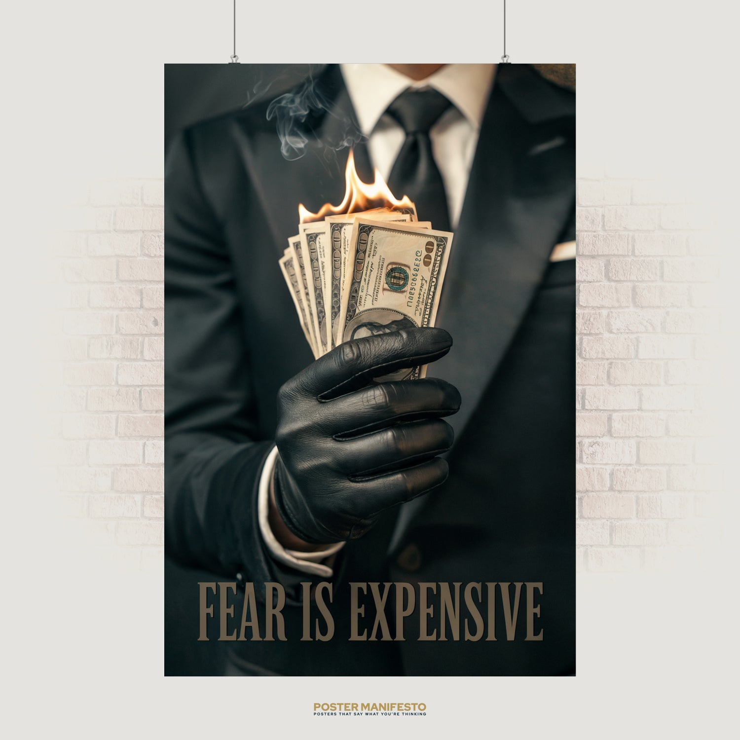 Motivational poster with burning cash and text Fear Is Expensive.
