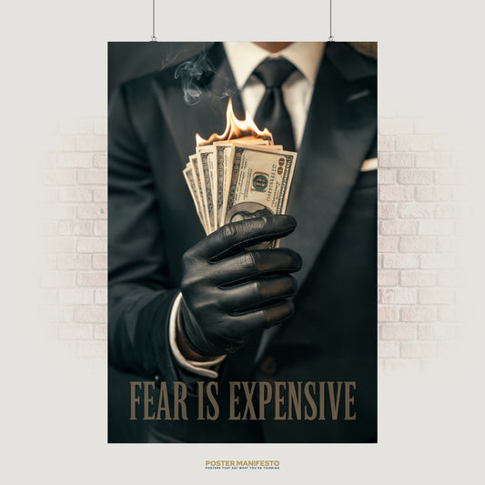 Motivational poster with burning cash and text Fear Is Expensive.