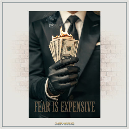 Man in suit holding flaming dollar bills, symbolizing fear’s cost.