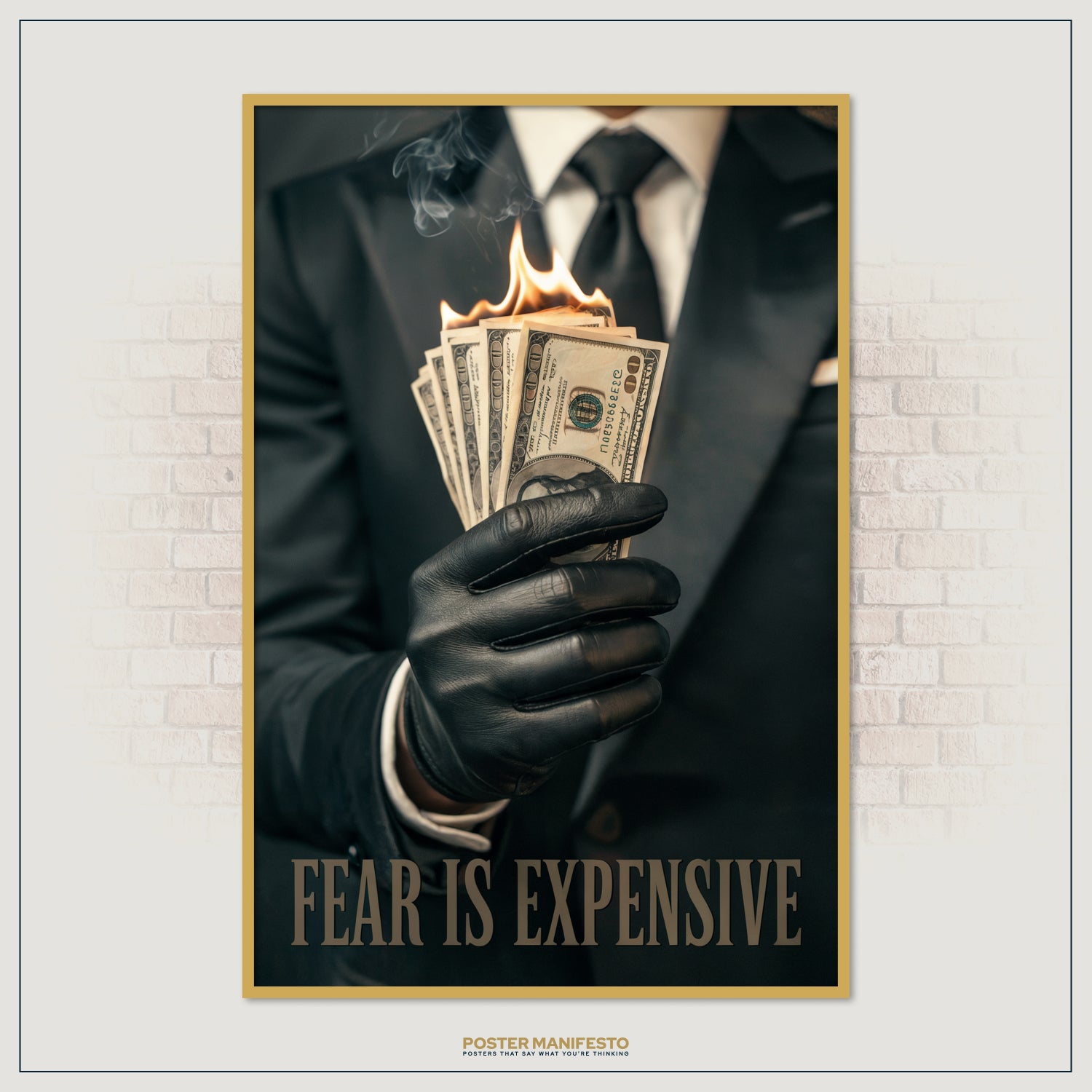 Luxury mindset artwork showing money burning in leather gloves.