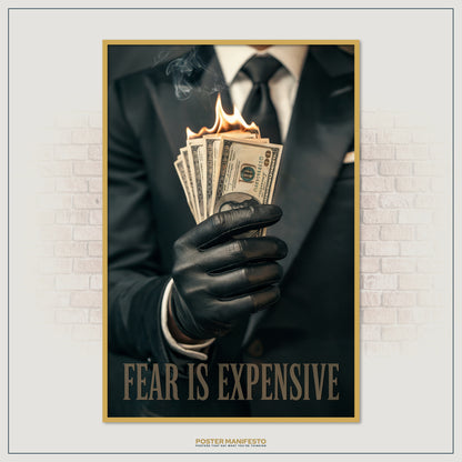 Luxury mindset artwork showing money burning in leather gloves.