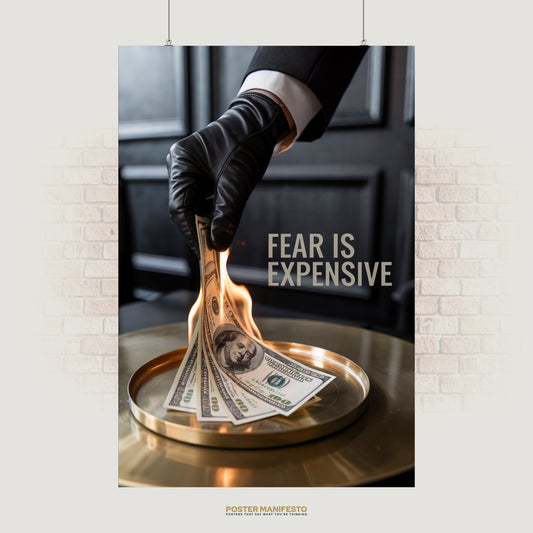 Luxury motivational wall art featuring a gloved hand holding burning hundred-dollar bills with the bold quote “Fear Is Expensive,” symbolizing risk and ambition for entrepreneurs and leaders.