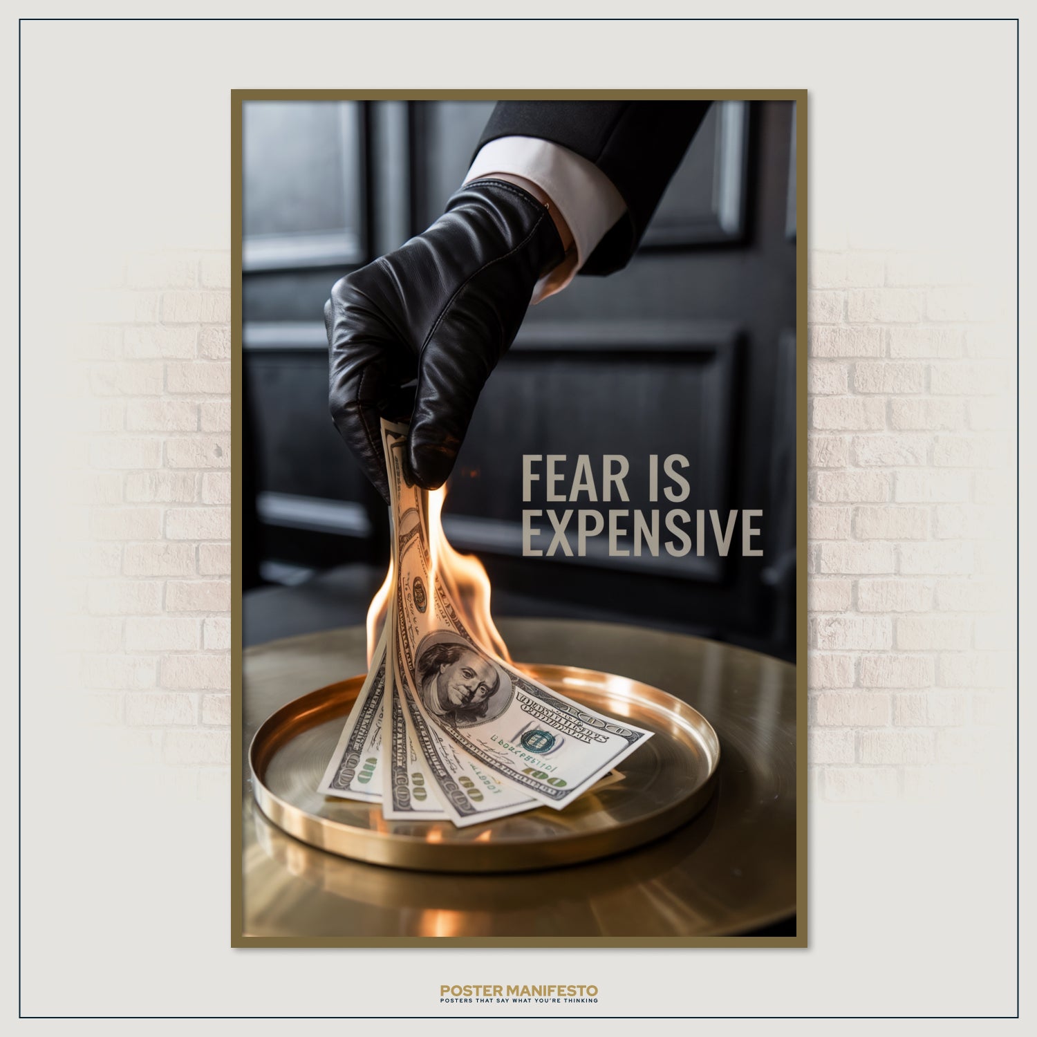 Striking entrepreneur wall art design with money flames and motivational typography, crafted for high achievers seeking inspiration and strong visual impact in workspaces.