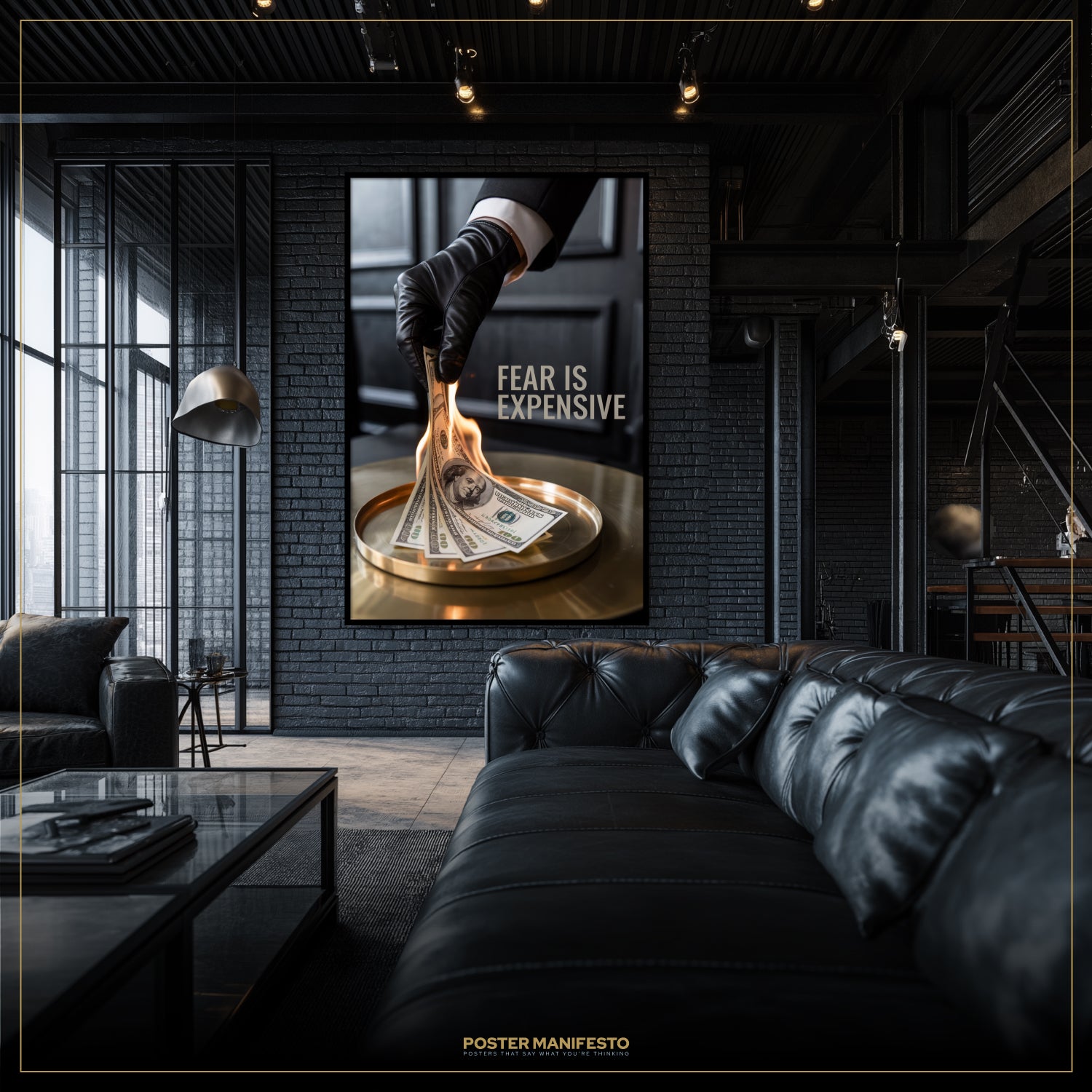 Modern interior with a black leather sofa and a wall art piece featuring a hand holding money.