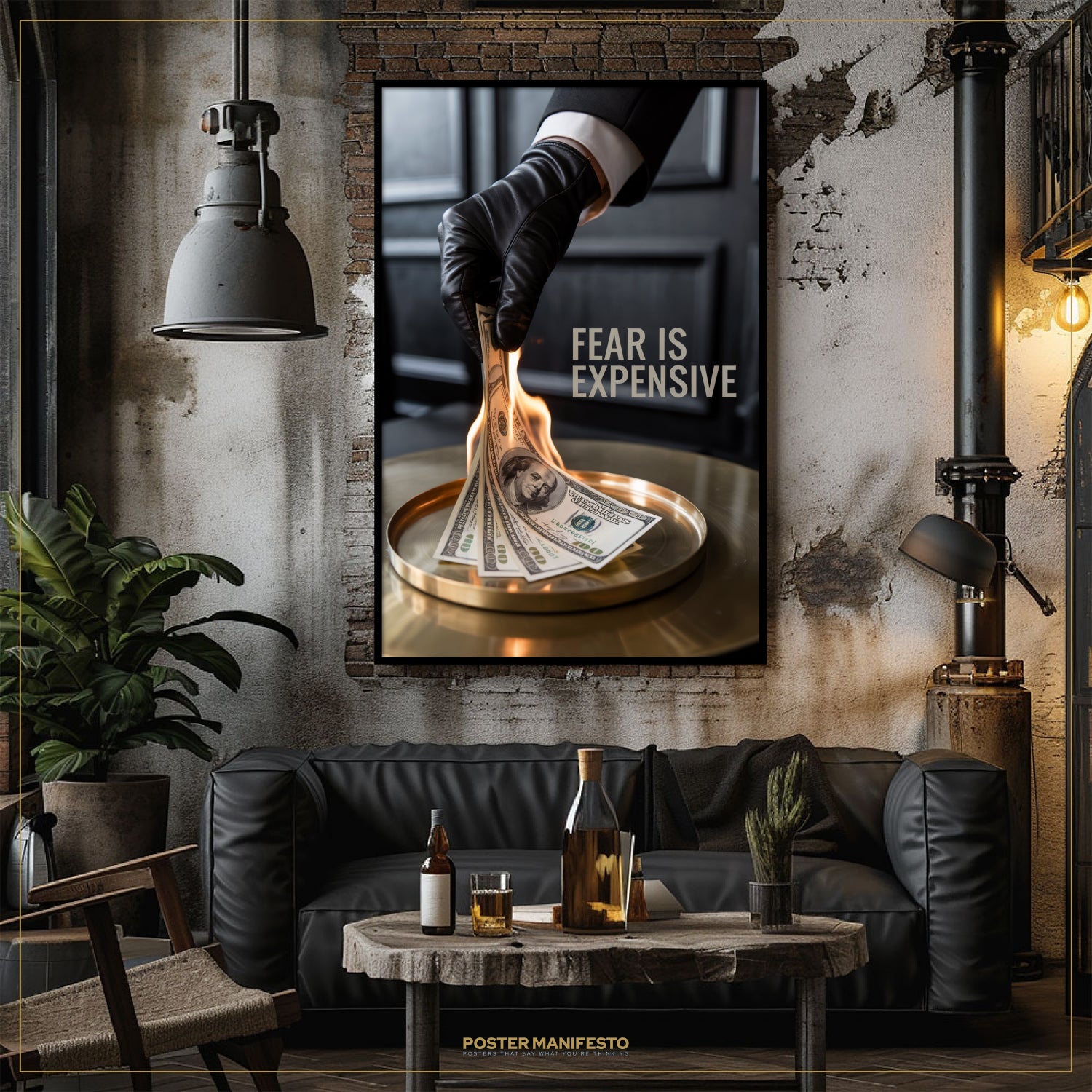 Living room with a 'Fear is Expensive' poster on the wall, a black sofa, and a wooden table with bottles and glasses.