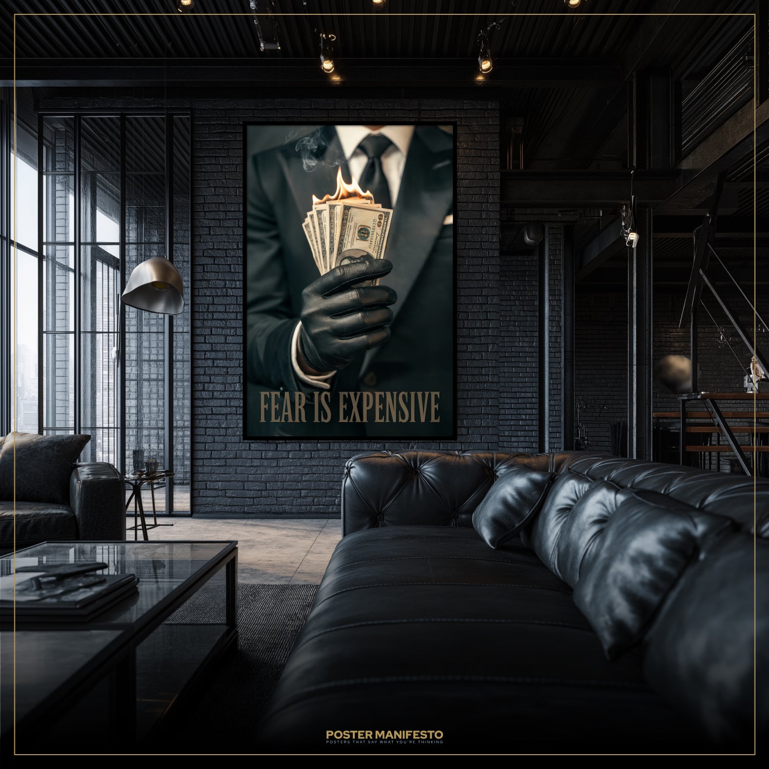 Modern living room with a dark brick wall, black leather sofa, and a framed poster with text and imagery.