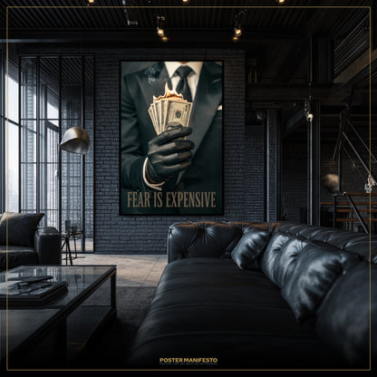 Modern living room with a dark brick wall, black leather sofa, and a framed poster with text and imagery.