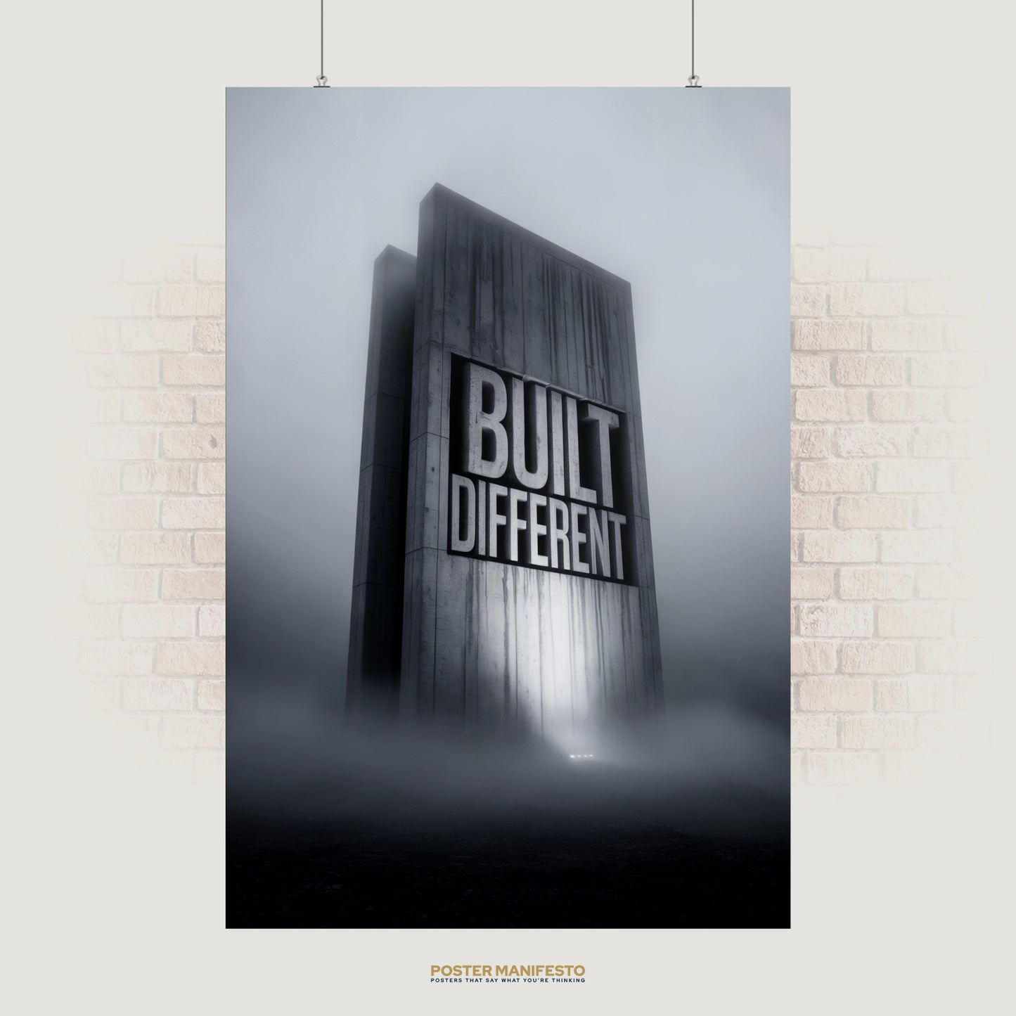 Striking motivational wall art featuring the bold words “Built Different” engraved in a towering concrete block surrounded by mist, symbolizing resilience, strength, and ambition.
