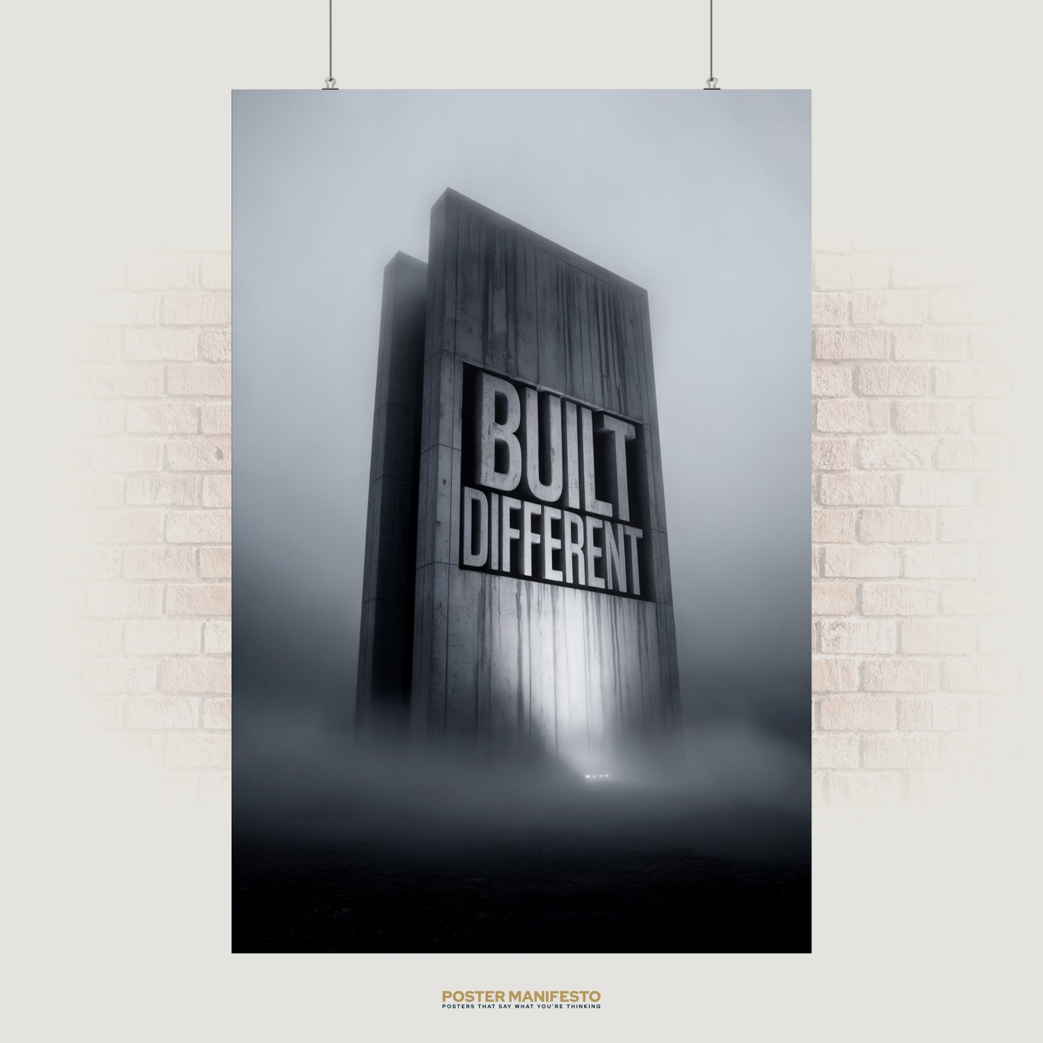 Striking motivational wall art featuring the bold words “Built Different” engraved in a towering concrete block surrounded by mist, symbolizing resilience, strength, and ambition.