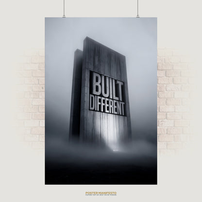 Striking motivational wall art featuring the bold words “Built Different” engraved in a towering concrete block surrounded by mist, symbolizing resilience, strength, and ambition.