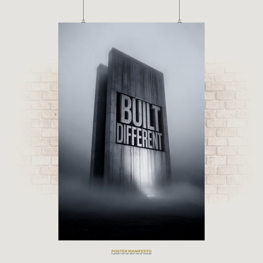 Striking motivational wall art featuring the bold words “Built Different” engraved in a towering concrete block surrounded by mist, symbolizing resilience, strength, and ambition.