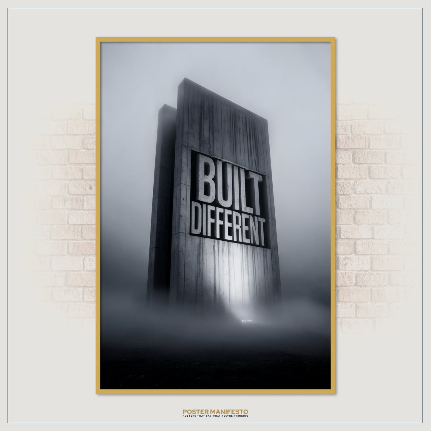 Modern wall art design with the powerful phrase “Built Different” carved into stone, representing bold determination and strength, perfect for office or fitness spaces.