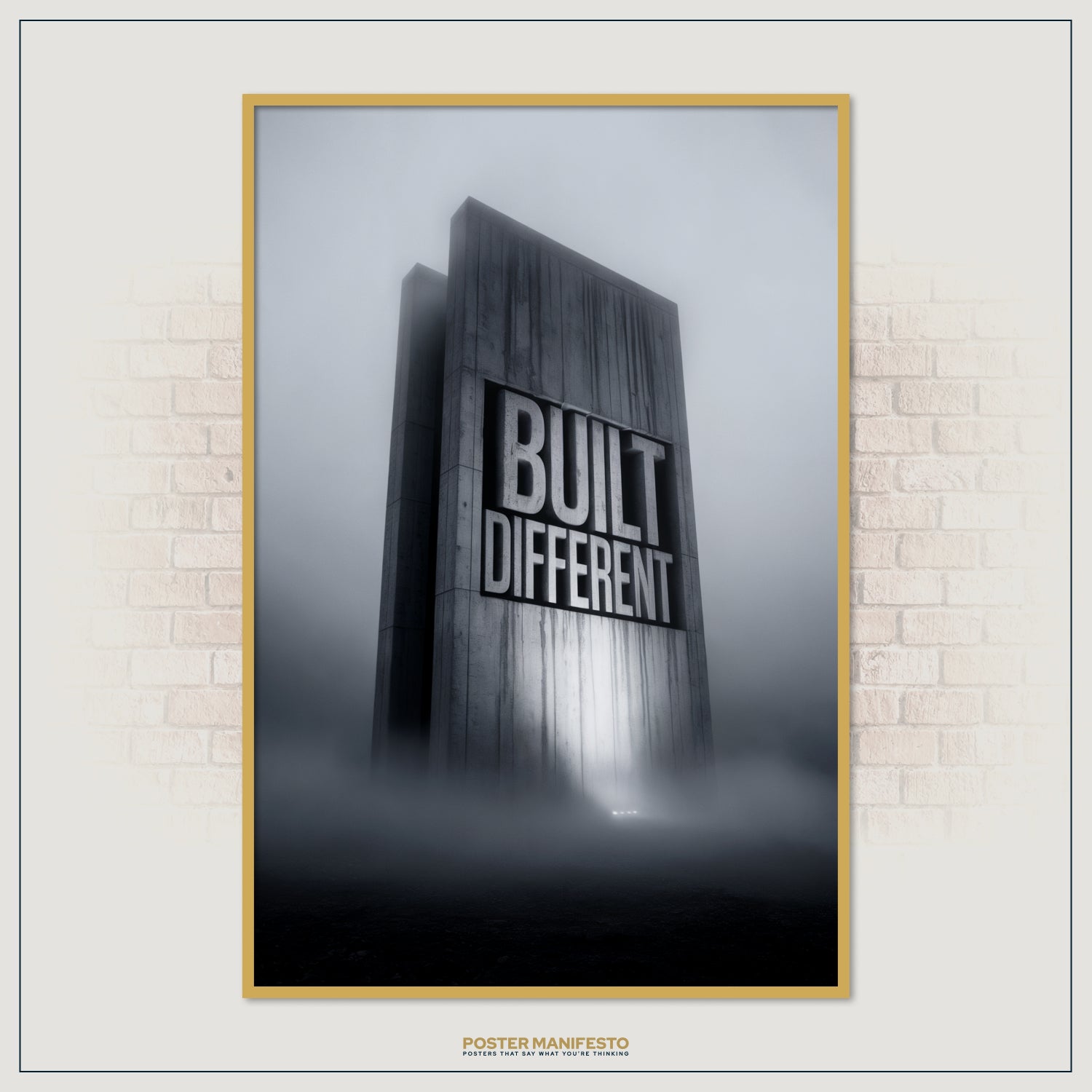 Modern wall art design with the powerful phrase “Built Different” carved into stone, representing bold determination and strength, perfect for office or fitness spaces.