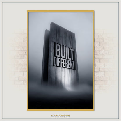 Modern wall art design with the powerful phrase “Built Different” carved into stone, representing bold determination and strength, perfect for office or fitness spaces.
