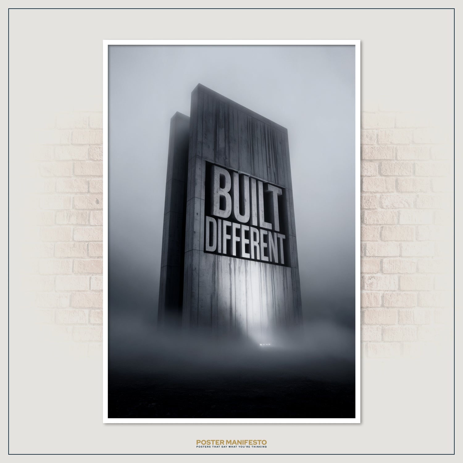 Motivational artwork featuring a monumental slab with the text “Built Different” illuminated in a foggy atmosphere, inspiring courage and individuality.