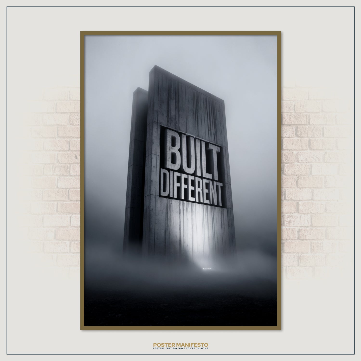 Premium wall art poster designed for entrepreneurs and achievers, showcasing a cinematic concrete structure with the words “Built Different” as a symbol of mindset and power.