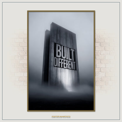 Premium wall art poster designed for entrepreneurs and achievers, showcasing a cinematic concrete structure with the words “Built Different” as a symbol of mindset and power.