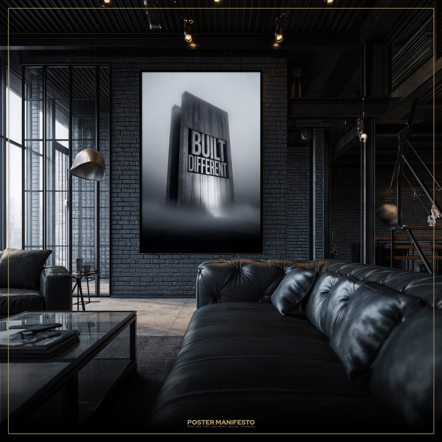 Modern living room with black leather sofa and 'Built Different' poster on brick wall.