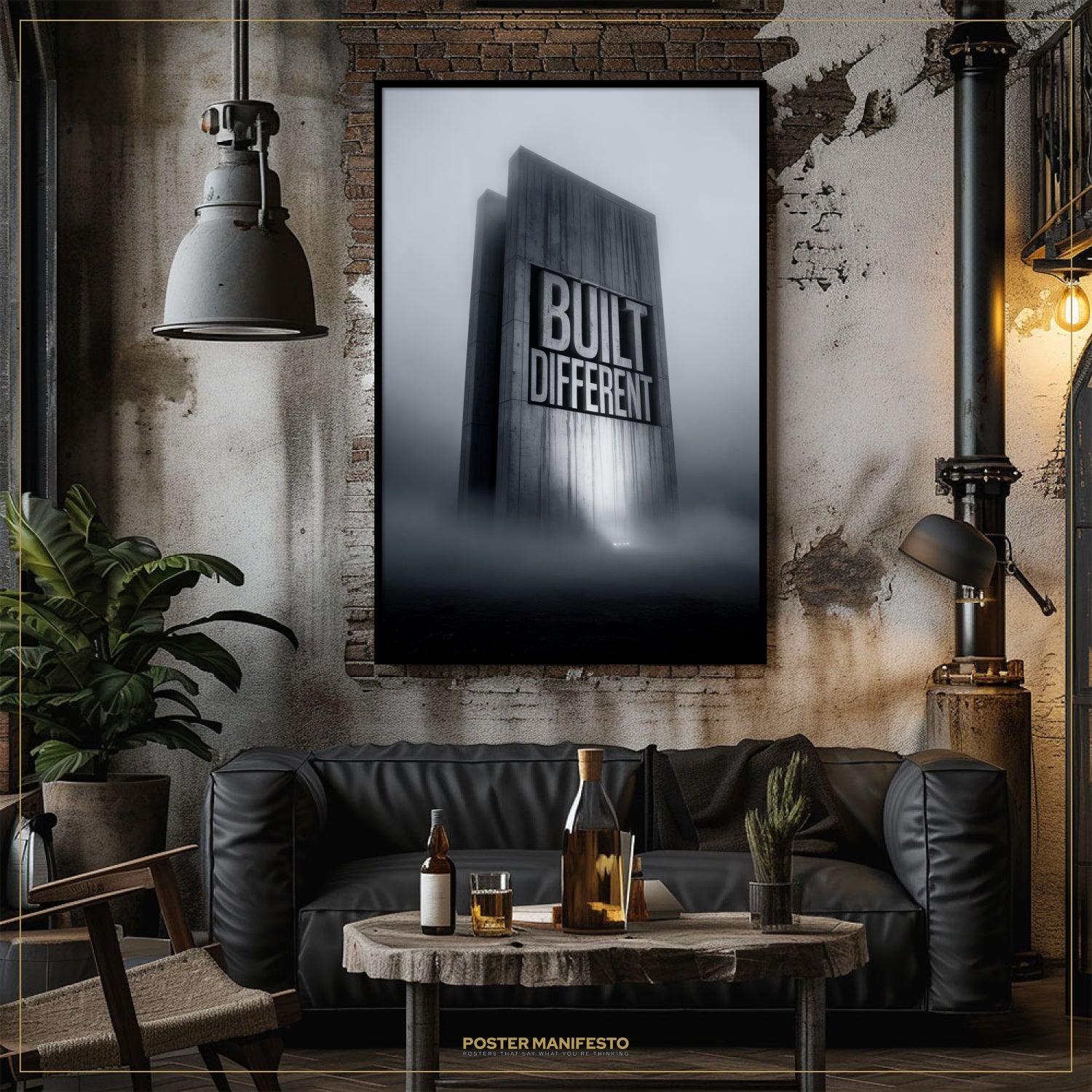 Modern living room with a 'Built Different' poster on the wall, black leather sofa, and wooden coffee table.