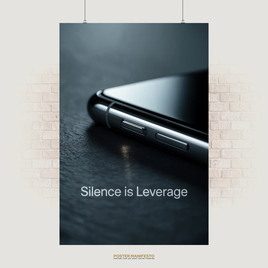 Minimalist motivational poster featuring the phrase “Silence is Leverage” with a close-up of a smartphone on a dark surface, symbolizing strategy and discipline.